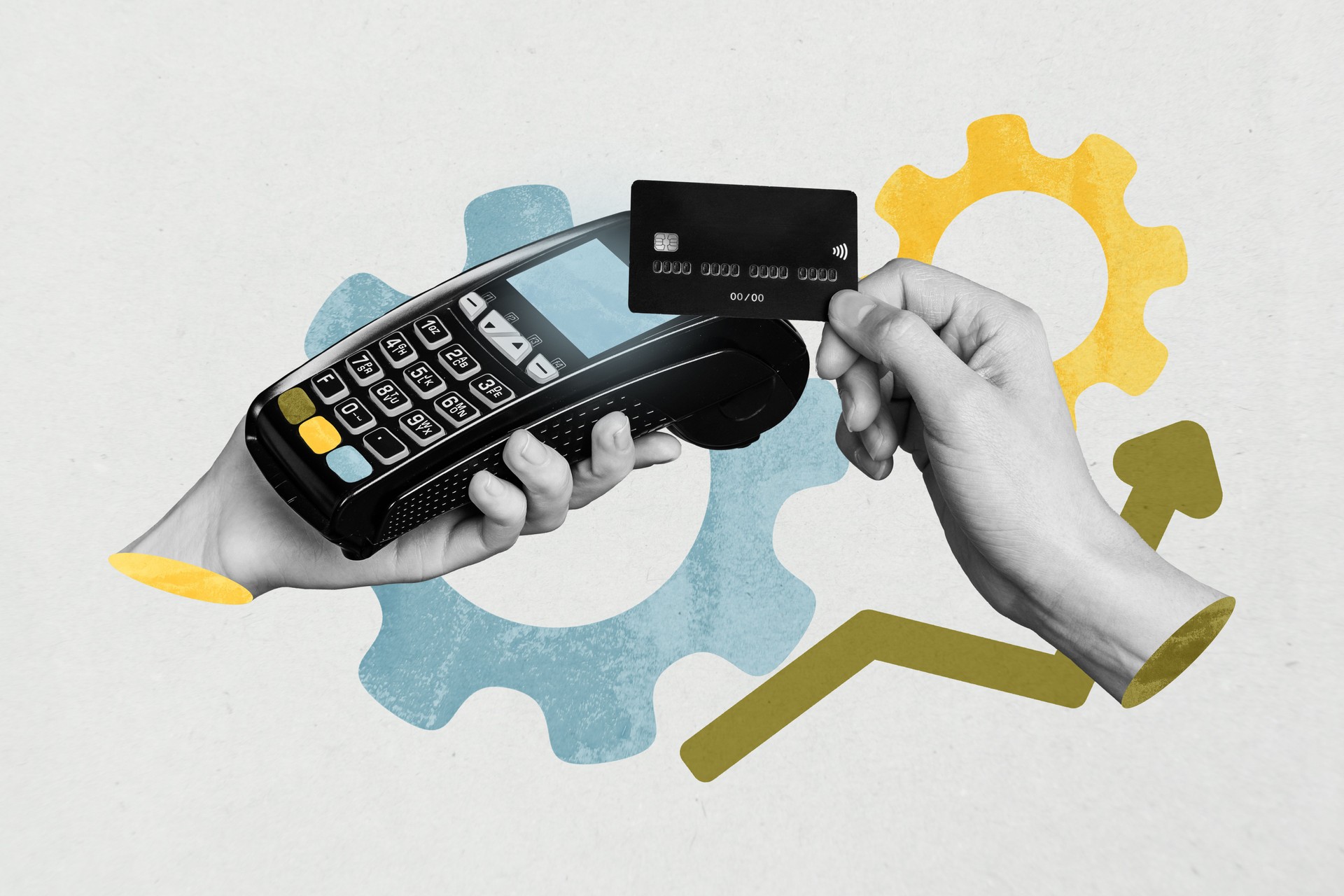 Exclusive art banner collage of hands hold pos terminal contactless payment credit card transaction gears optimization arrow