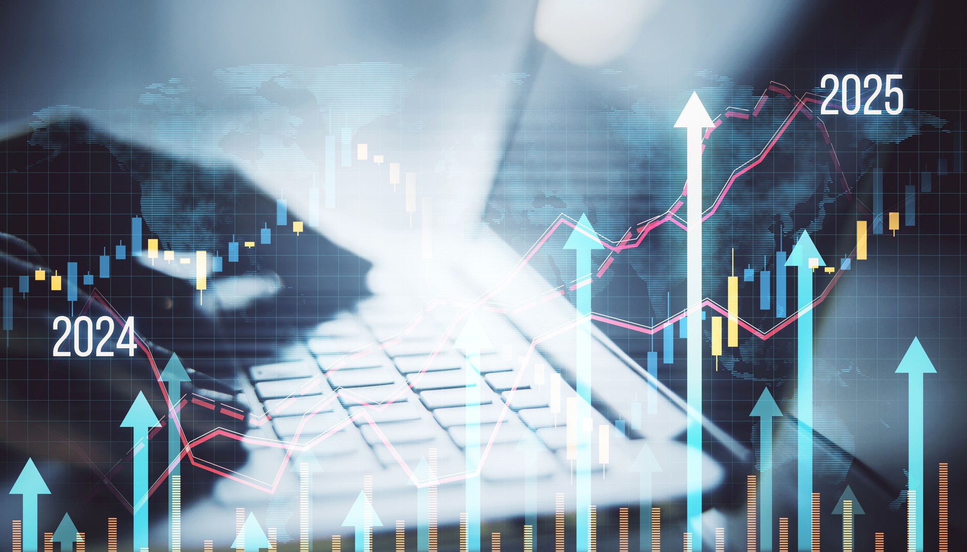 Digital display of market growth with upward arrows and financial graphs for 2024 and 2025.