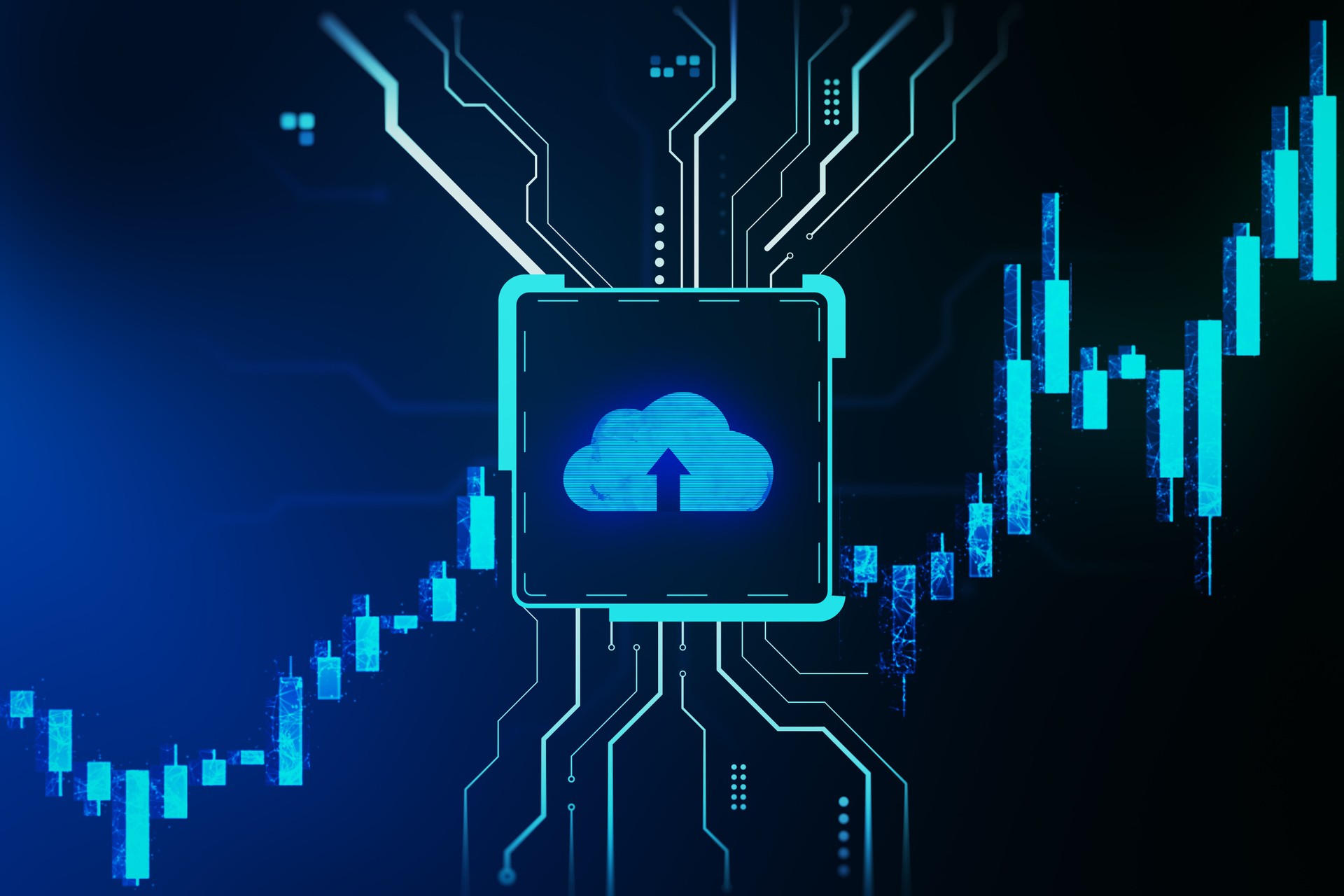Digital cloud upload icon integrated with financial market chart and circuit lines on dark background representing technology in investment sectors. 3D Rendering